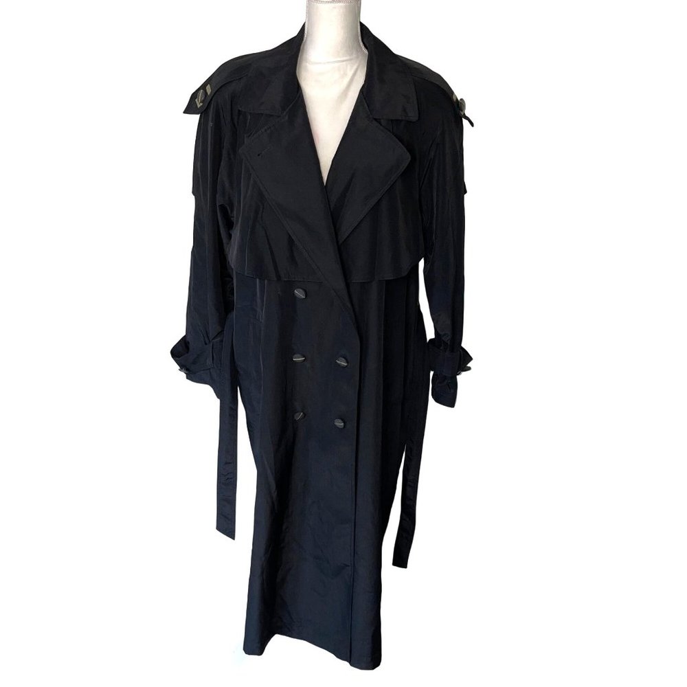 Fen-Nelli Junior Gallery Womens Trench Coat Black Size 16 Double Breasted Belted